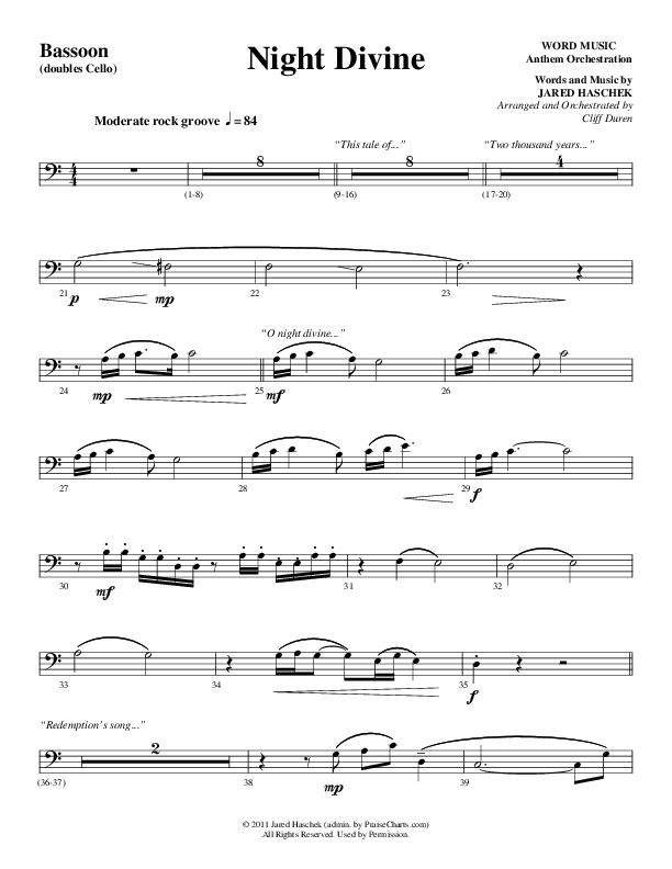 Night Divine (Choral Anthem SATB) Bassoon (Word Music Choral / Arr. Cliff Duren)