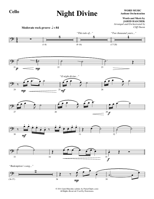 Night Divine (Choral Anthem SATB) Cello (Word Music Choral / Arr. Cliff Duren)