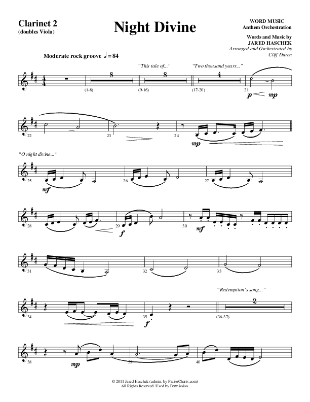 Night Divine (Choral Anthem SATB) Clarinet (Word Music Choral / Arr. Cliff Duren)