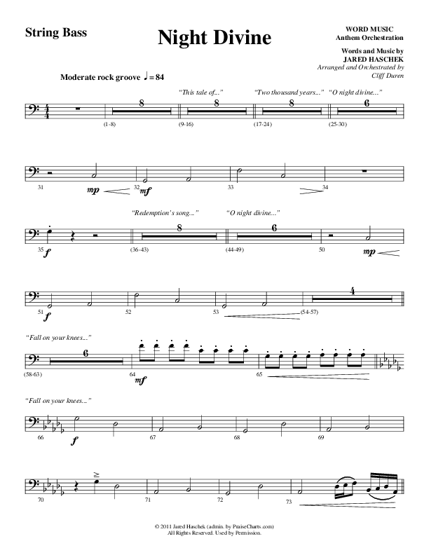 Night Divine (Choral Anthem SATB) Double Bass (Word Music Choral / Arr. Cliff Duren)