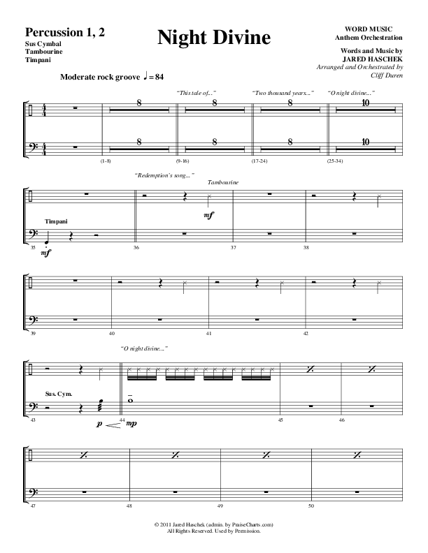 Night Divine (Choral Anthem SATB) Percussion 1/2 (Word Music Choral / Arr. Cliff Duren)