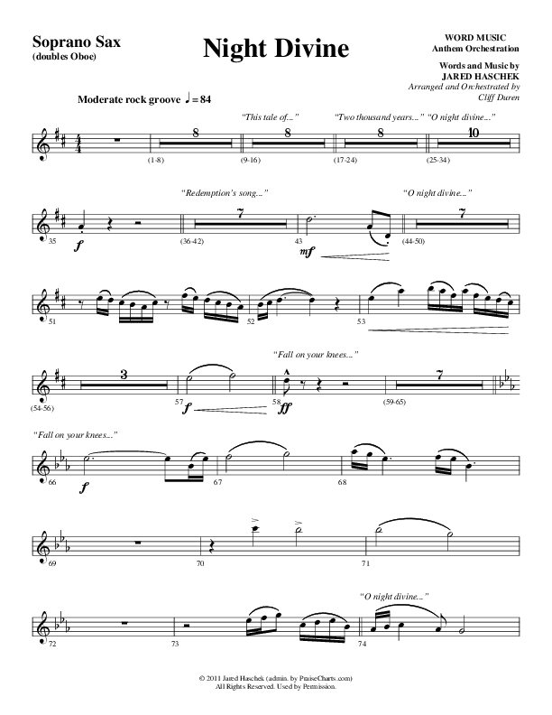 Night Divine (Choral Anthem SATB) Soprano Sax (Word Music Choral / Arr. Cliff Duren)