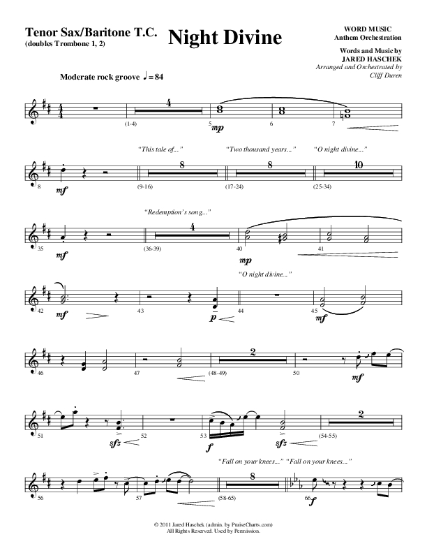 Night Divine (Choral Anthem SATB) Tenor Sax/Baritone T.C. (Word Music Choral / Arr. Cliff Duren)