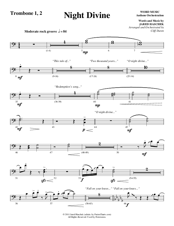 Night Divine (Choral Anthem SATB) Trombone 1/2 (Word Music Choral / Arr. Cliff Duren)