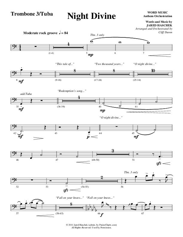 Night Divine (Choral Anthem SATB) Trombone 3/Tuba (Word Music Choral / Arr. Cliff Duren)