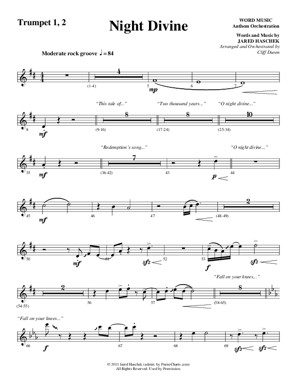 Night Divine (Choral Anthem SATB) Trumpet 1,2 (Word Music Choral / Arr. Cliff Duren)