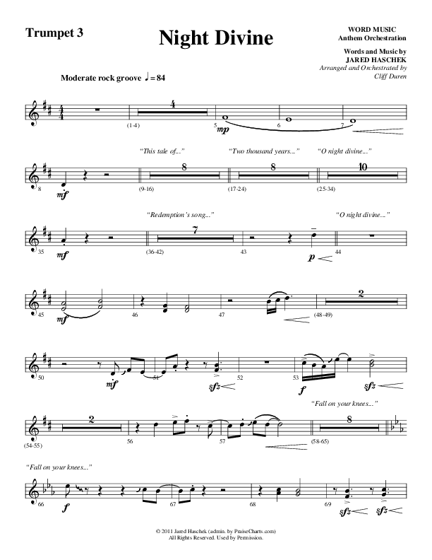Night Divine (Choral Anthem SATB) Trumpet 3 (Word Music Choral / Arr. Cliff Duren)