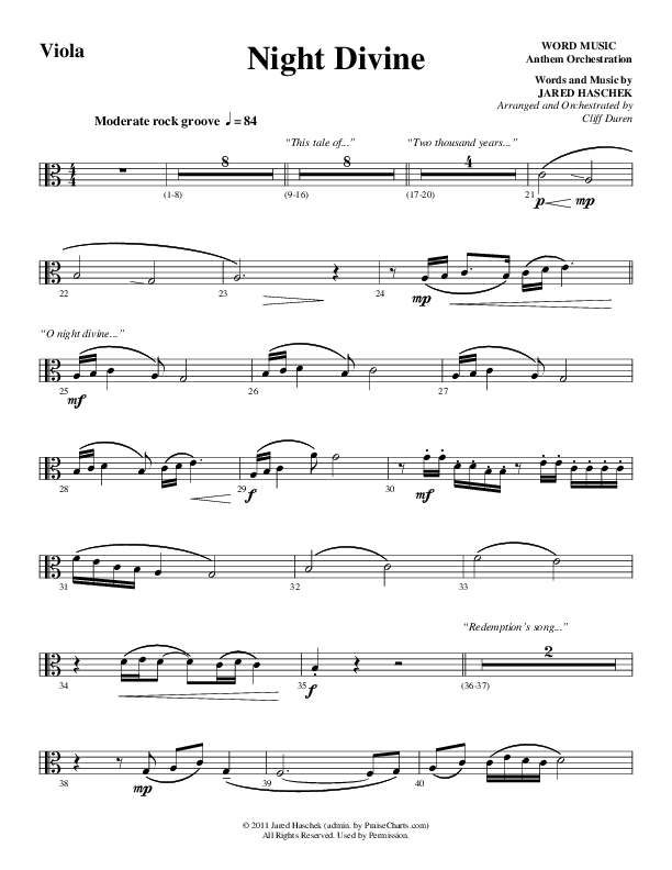 Night Divine (Choral Anthem SATB) Viola (Word Music Choral / Arr. Cliff Duren)