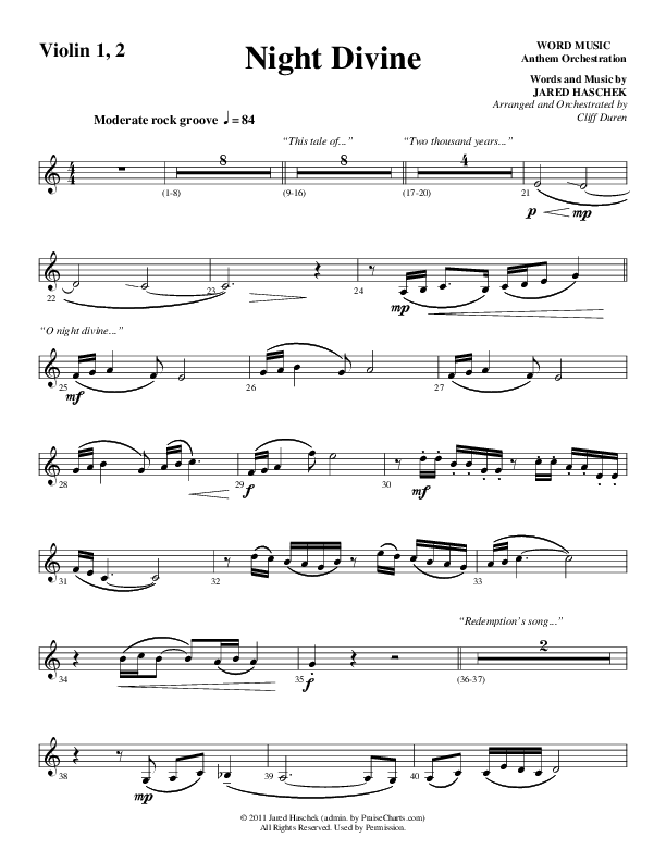 Night Divine (Choral Anthem SATB) Violin 1/2 (Word Music Choral / Arr. Cliff Duren)