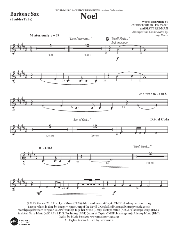 Noel (Choral Anthem SATB) Bari Sax (Word Music Choral / Arr. Jay Rouse)