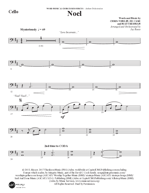 Noel (Choral Anthem SATB) Cello (Word Music Choral / Arr. Jay Rouse)
