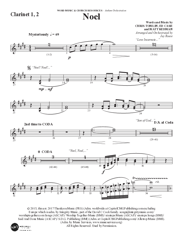 Noel (Choral Anthem SATB) Clarinet 1/2 (Word Music Choral / Arr. Jay Rouse)