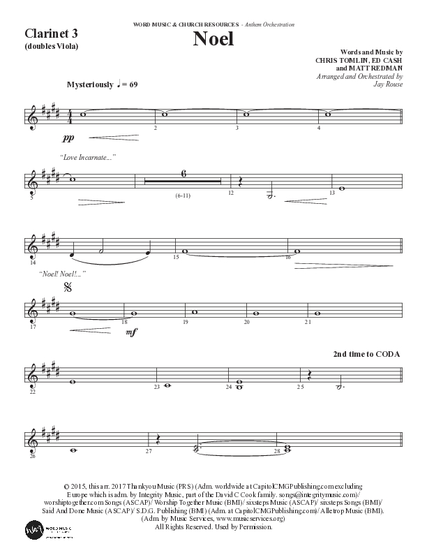 Noel (Choral Anthem SATB) Clarinet 3 (Word Music Choral / Arr. Jay Rouse)