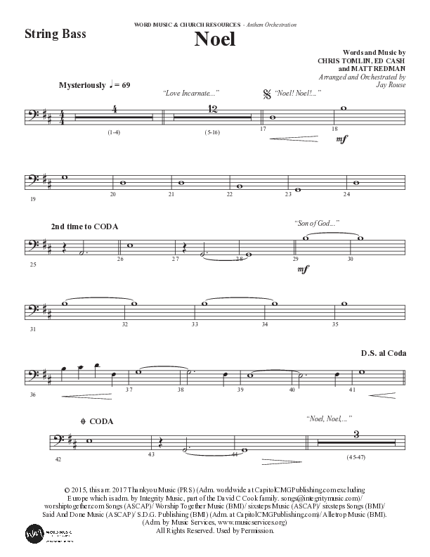 Noel (Choral Anthem SATB) Double Bass (Word Music Choral / Arr. Jay Rouse)