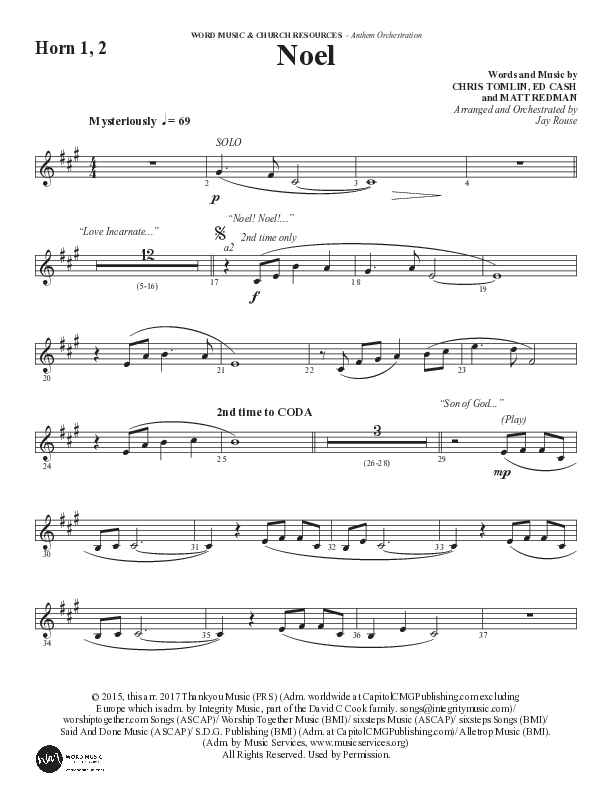 Noel (Choral Anthem SATB) French Horn 1/2 (Word Music Choral / Arr. Jay Rouse)