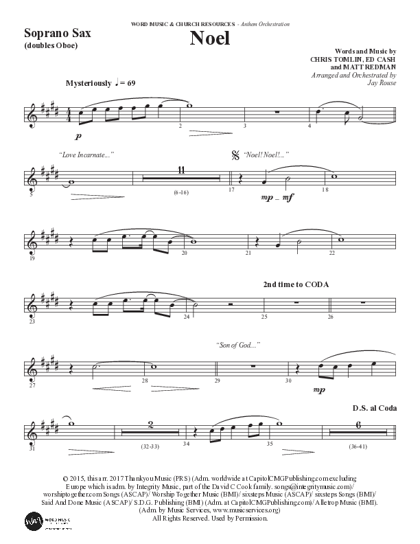 Noel (Choral Anthem SATB) Soprano Sax (Word Music Choral / Arr. Jay Rouse)