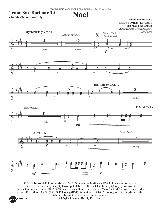 Noel (Choral Anthem SATB) Tenor Sax/Baritone T.C. (Word Music Choral / Arr. Jay Rouse)