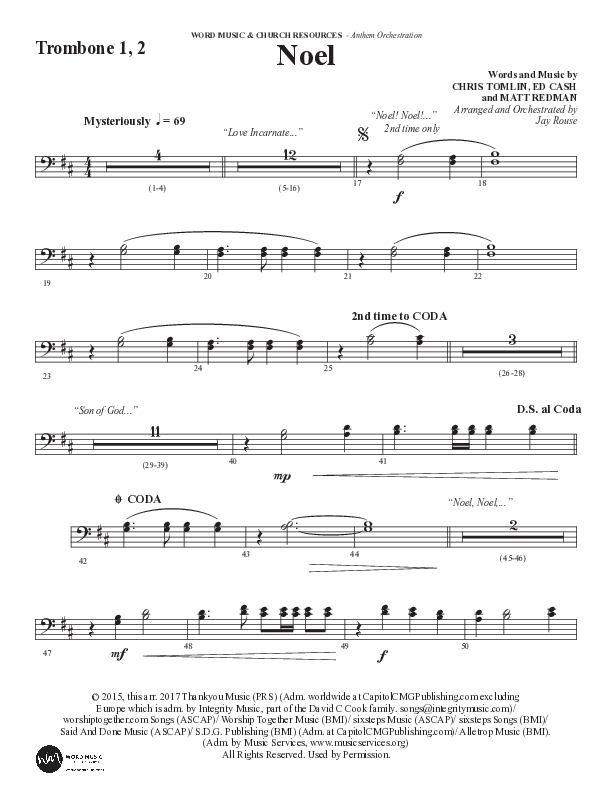 Noel (Choral Anthem SATB) Trombone 1/2 (Word Music Choral / Arr. Jay Rouse)