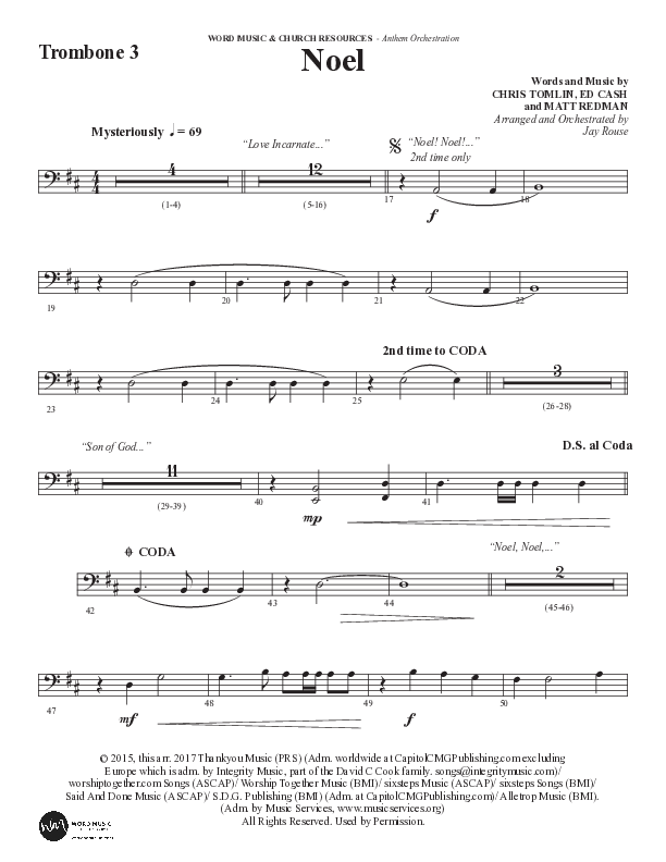 Noel (Choral Anthem SATB) Trombone 3 (Word Music Choral / Arr. Jay Rouse)