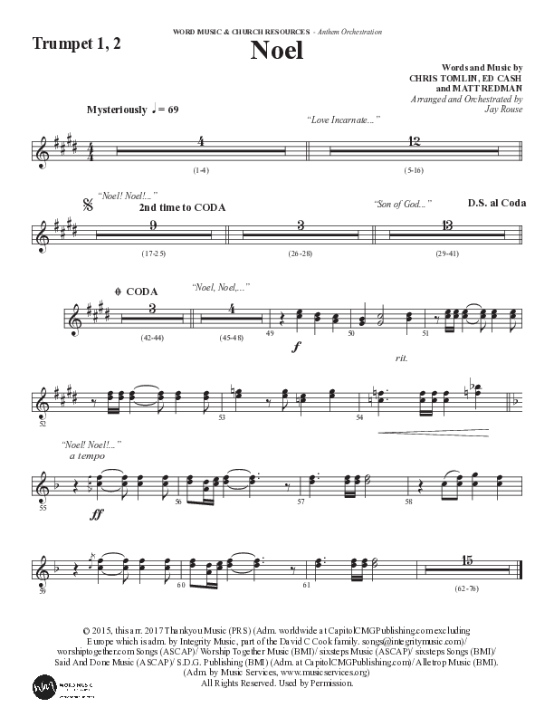 Noel (Choral Anthem SATB) Trumpet 1,2 (Word Music Choral / Arr. Jay Rouse)