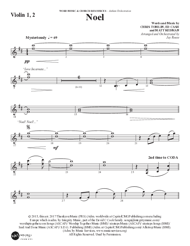 Noel (Choral Anthem SATB) Violin 1/2 (Word Music Choral / Arr. Jay Rouse)