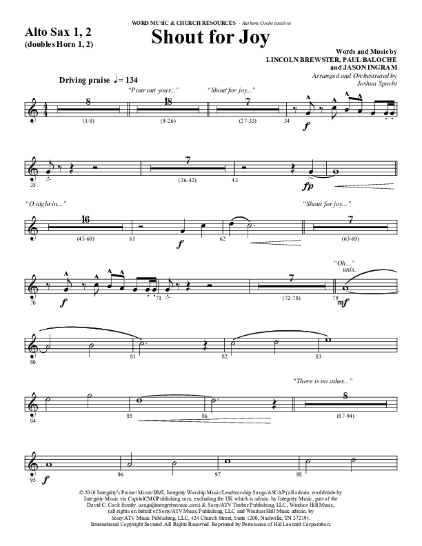 Shout For Joy (Choral Anthem SATB) Alto Sax 1/2 (Word Music Choral / Arr. Joshua Spacht)
