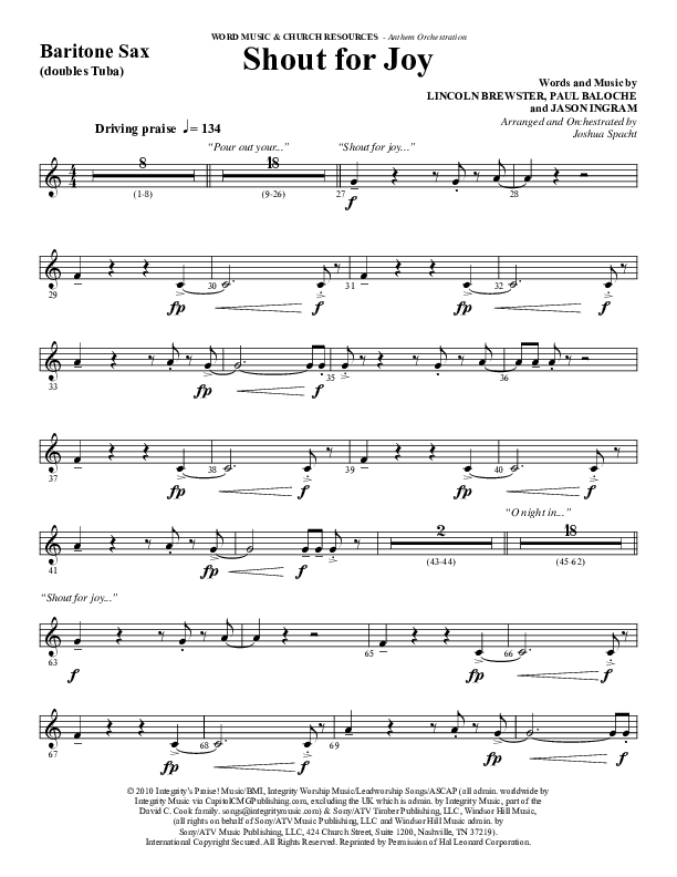Shout For Joy (Choral Anthem SATB) Bari Sax (Word Music Choral / Arr. Joshua Spacht)
