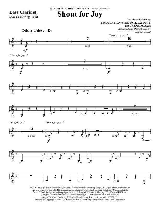 Shout For Joy (Choral Anthem SATB) Bass Clarinet (Word Music Choral / Arr. Joshua Spacht)
