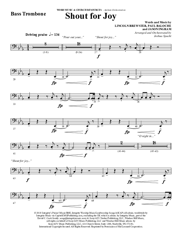 Shout For Joy (Choral Anthem SATB) Bass Trombone (Word Music Choral / Arr. Joshua Spacht)