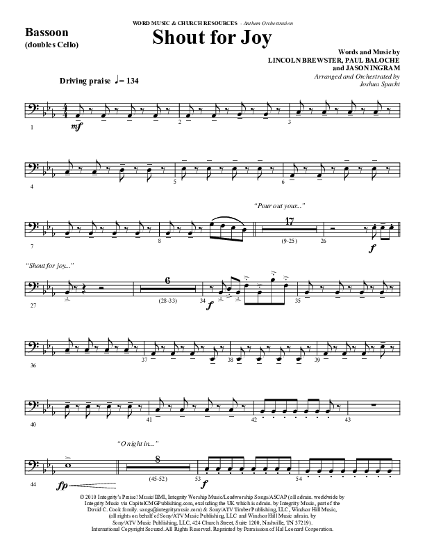 Shout For Joy (Choral Anthem SATB) Bassoon (Word Music Choral / Arr. Joshua Spacht)
