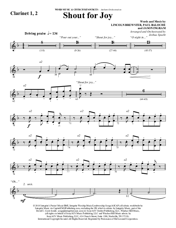 Shout For Joy (Choral Anthem SATB) Clarinet 1/2 (Word Music Choral / Arr. Joshua Spacht)