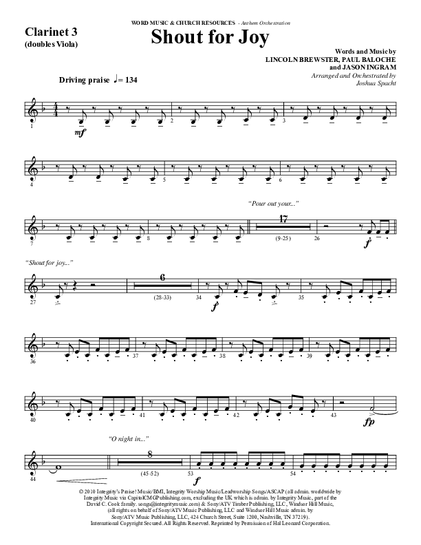 Shout For Joy (Choral Anthem SATB) Clarinet 3 (Word Music Choral / Arr. Joshua Spacht)