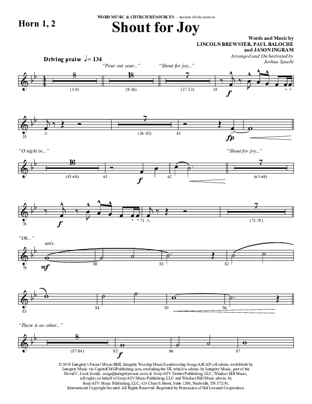 Shout For Joy (Choral Anthem SATB) French Horn 1/2 (Word Music Choral / Arr. Joshua Spacht)