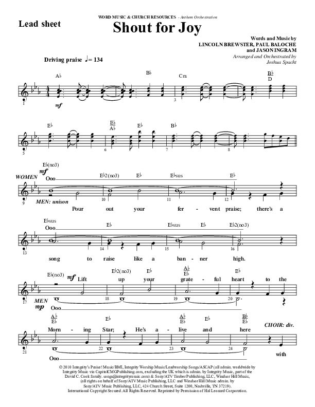 Shout For Joy (Choral Anthem SATB) Lead Sheet (Melody) (Word Music Choral / Arr. Joshua Spacht)