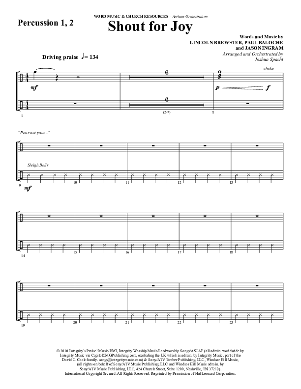 Shout For Joy (Choral Anthem SATB) Percussion 1/2 (Word Music Choral / Arr. Joshua Spacht)