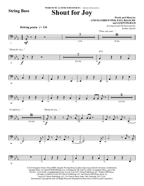 Shout For Joy (Choral Anthem SATB) String Bass (Word Music Choral / Arr. Joshua Spacht)