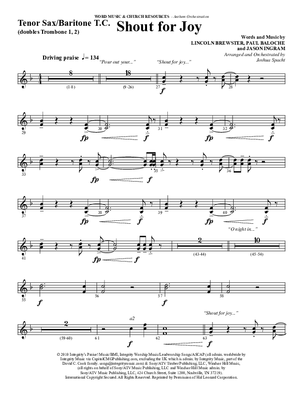 Shout For Joy (Choral Anthem SATB) Tenor Sax/Baritone T.C. (Word Music Choral / Arr. Joshua Spacht)
