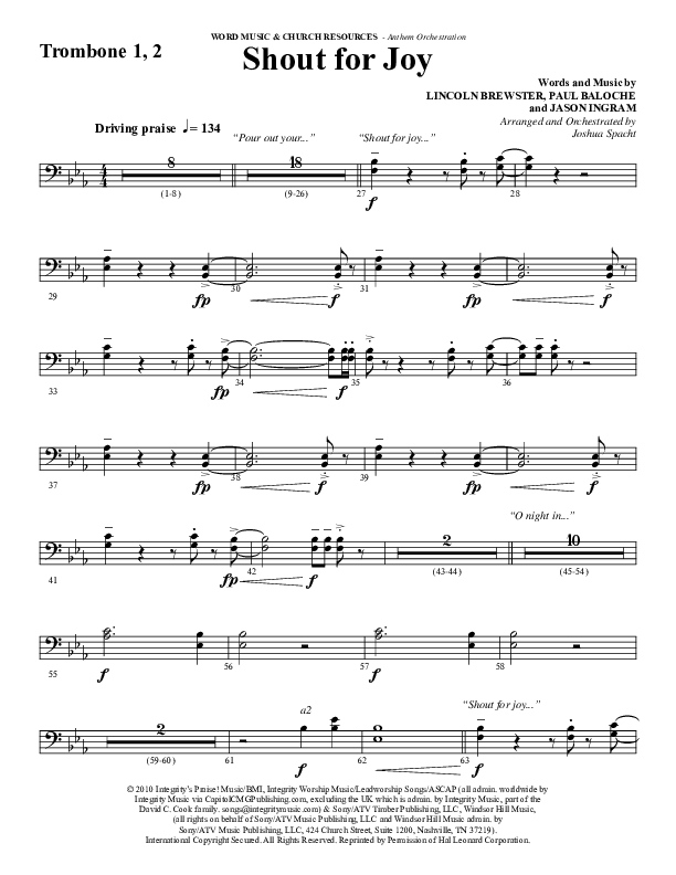 Shout For Joy (Choral Anthem SATB) Trombone 1/2 (Word Music Choral / Arr. Joshua Spacht)