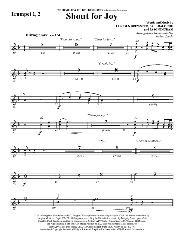 Shout For Joy (Choral Anthem SATB) Trumpet 1,2 (Word Music Choral / Arr. Joshua Spacht)