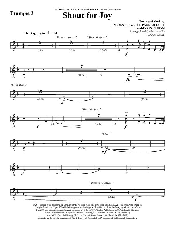 Shout For Joy (Choral Anthem SATB) Trumpet 3 (Word Music Choral / Arr. Joshua Spacht)