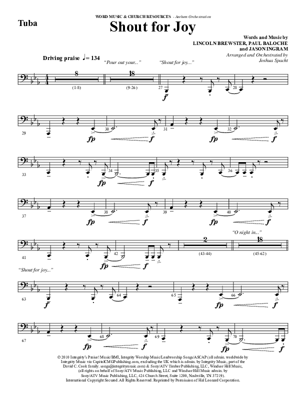Shout For Joy (Choral Anthem SATB) Tuba (Word Music Choral / Arr. Joshua Spacht)
