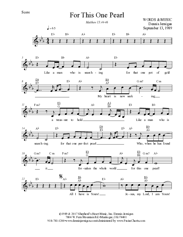 For This One Pearl Lead Sheet Melody (Dennis Jernigan)