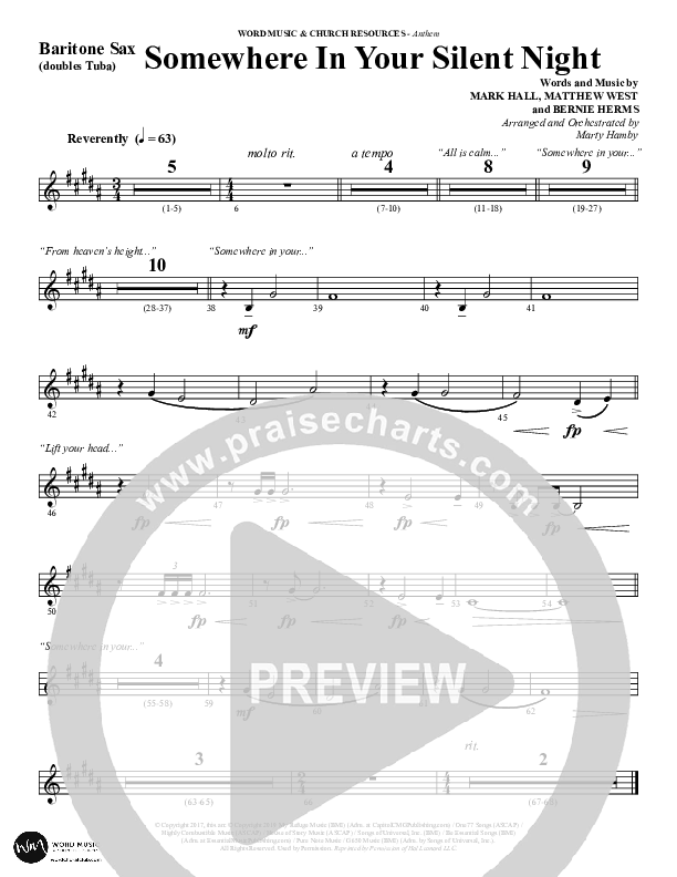 Somewhere In Your Silent Night (Choral Anthem SATB) Bari Sax (Word Music Choral / Arr. Marty Hamby)