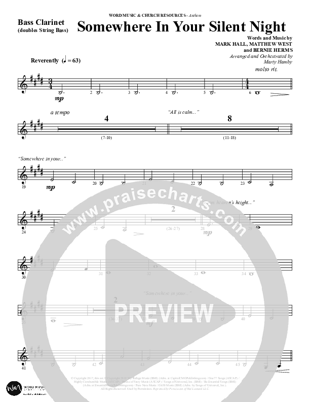 Somewhere In Your Silent Night (Choral Anthem SATB) Bass Clarinet (Word Music Choral / Arr. Marty Hamby)