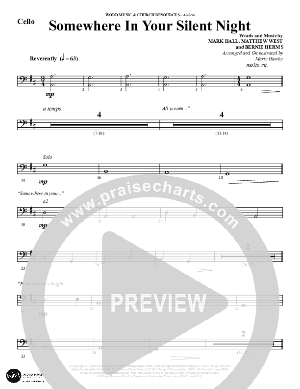 Somewhere In Your Silent Night (Choral Anthem SATB) Cello (Word Music Choral / Arr. Marty Hamby)