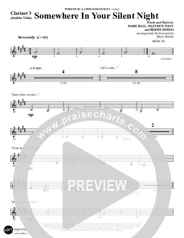 Somewhere In Your Silent Night (Choral Anthem SATB) Clarinet 3 (Word Music Choral / Arr. Marty Hamby)