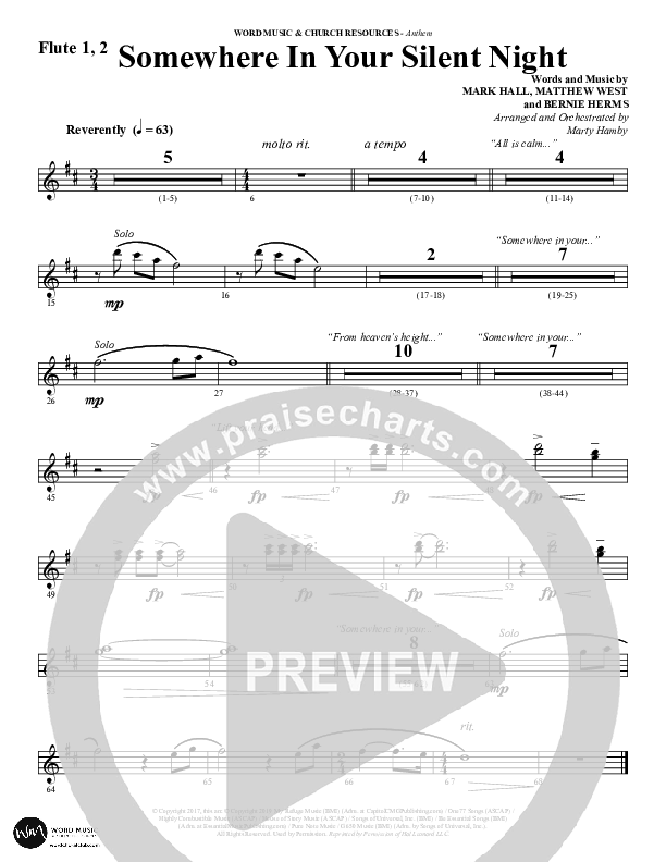 Somewhere In Your Silent Night (Choral Anthem SATB) Flute 1/2 (Word Music Choral / Arr. Marty Hamby)