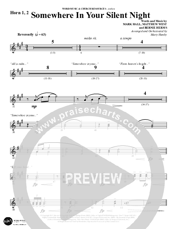 Somewhere In Your Silent Night (Choral Anthem SATB) French Horn 1/2 (Word Music Choral / Arr. Marty Hamby)