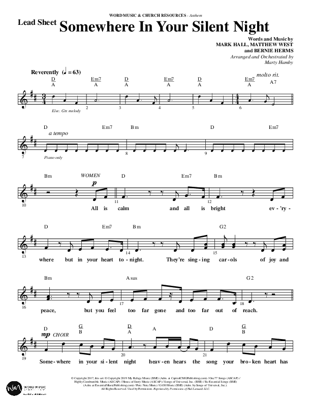 Somewhere In Your Silent Night (Choral Anthem SATB) Lead Sheet (Melody) (Word Music Choral / Arr. Marty Hamby)