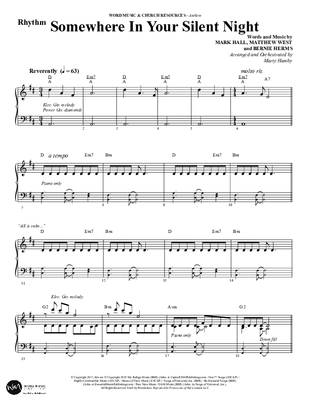 Somewhere In Your Silent Night (Choral Anthem SATB) Rhythm Chart (Word Music Choral / Arr. Marty Hamby)